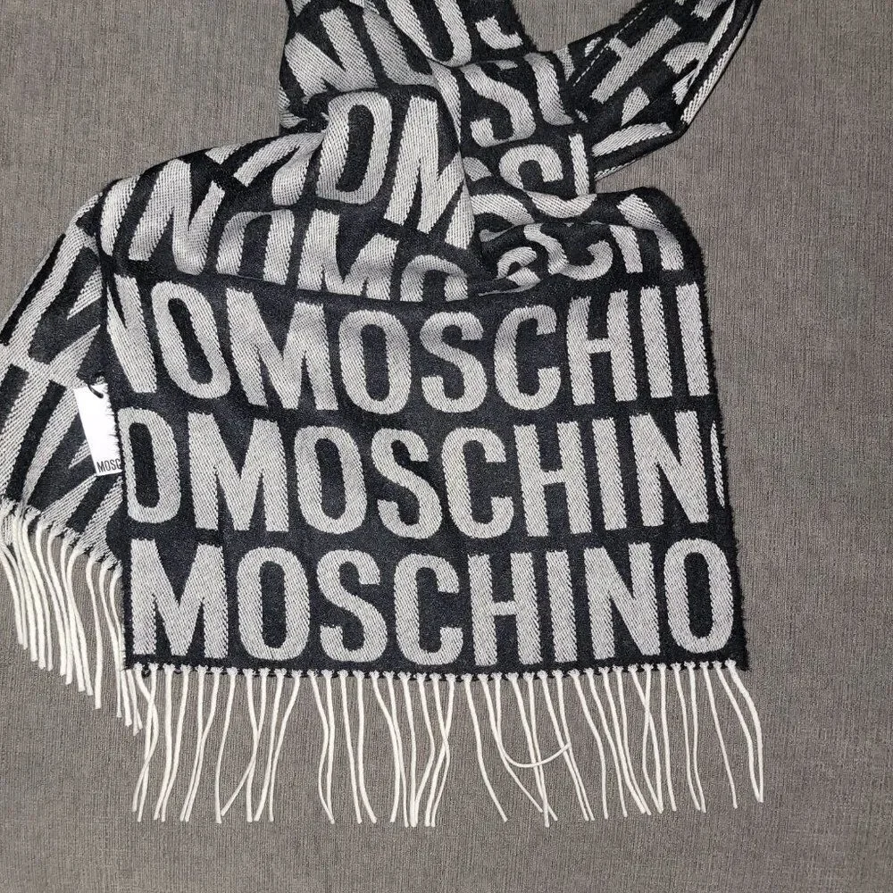 Moschino Men's Black & Grey Shawl Stole Wool Winter Scarf